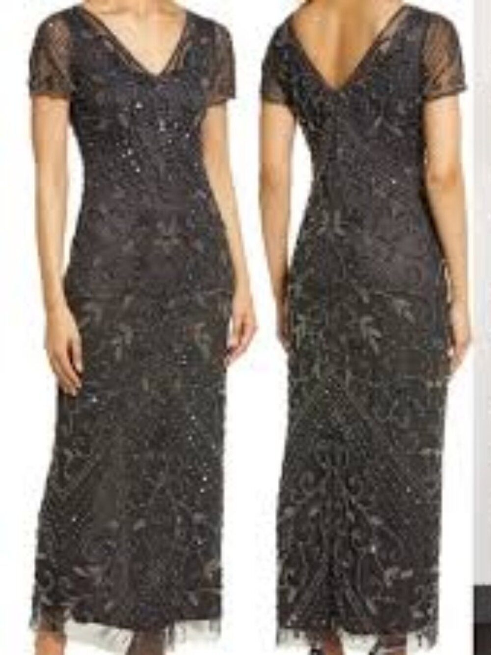 49 - NWT PISARRO NIGHTS BEADED MESH COLUM GOWN IN SLATE - Picture 3 of 4